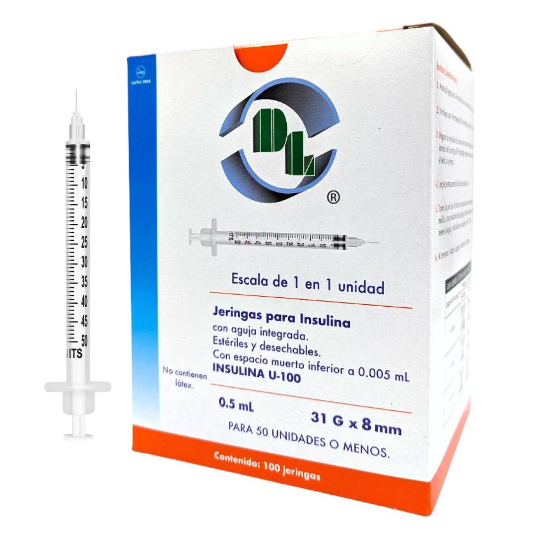 Jeringa para insulina 0.5 ml 31G x 8 mm DL caja con 100 piezas